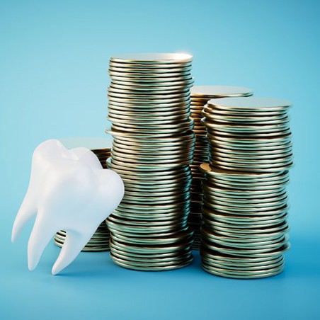 a tooth next to a stack of coins